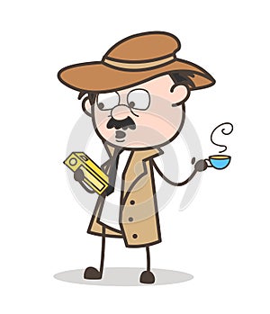 Cartoon Detective Reading a Book and Drinking a Hot Tea Vector Illustration