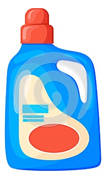 Cartoon detergent bottle. Blue plastic laundry container