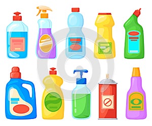 Cartoon detergent bottles. Cleaner product chemical cleanup bathroom toilet, home clean tool household soap bleach