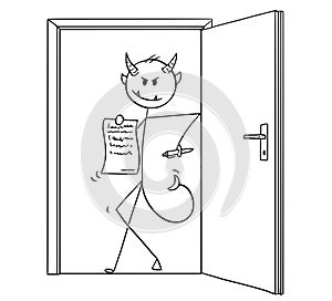 Cartoon of Devil Businessman Standing in Door and Offering Contract to Sign