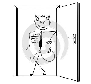 Cartoon of Devil Businessman Standing in Door and Offering Contract to Sign