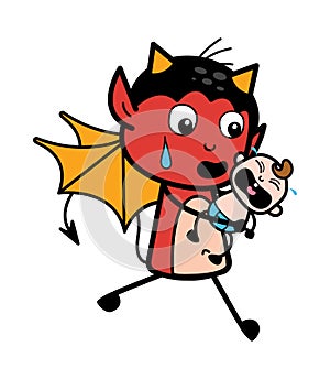 Cartoon Devil holding crying baby