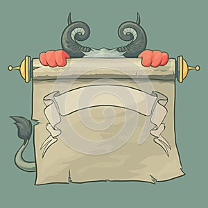 Cartoon Devil with horns and tail holds up a