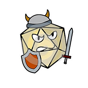 Cartoon dice for fantasy dnd and rpg. Medieval warrior wearing helmet with weapon