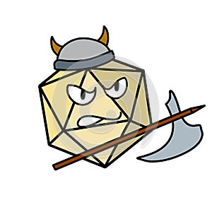 Cartoon dice for fantasy dnd and rpg. Medieval warrior wearing helmet with weapon