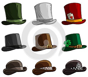 Cartoon different caps and hats vector icon set