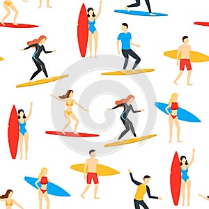 Cartoon Different Characters People Surfers Seamless Pattern Background. Vector