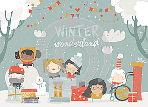 Cartoon different children enjoying winter. Hello snow