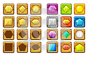 Cartoon different shaped gems, multi-colored and gold button For Ui Game