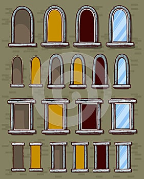 Cartoon different windows in frame on a brick wal