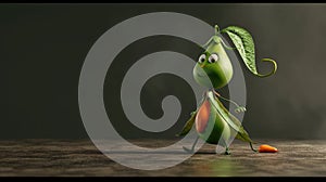 Cartoon digital avatar of an elegant pea actor, with a sleek and regal appearance, known for delivering commanding photo