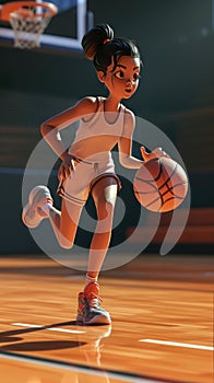 Cartoon digital avatar of a female basketball player on court with a determined expression, dribbling the ball