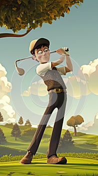 Cartoon digital avatar of Golfer on Course Swinging a golf club on a golf course with a vintageinspired outfit and a