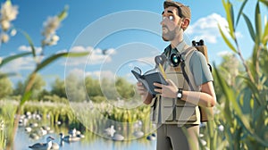 Cartoon digital avatar of Habitat Henry An ecologist wearing a vest with numerous pockets, holding a field notebook and photo
