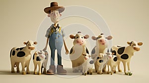 Cartoon digital avatar of a happy dairy farmer surrounded by a group of smiling cows, representing the farms happy and