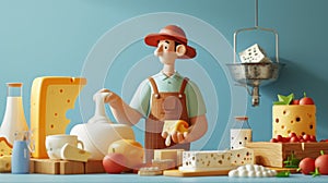 Cartoon digital avatar of a modern dairy farmer with hightech equipment, ensuring the best quality milk and cheese for