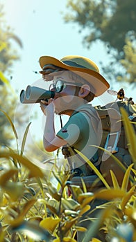 Cartoon digital avatar of Nature Nate A male ecologist wearing a hat and binoculars, with a erfly perched on his photo