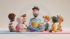 Cartoon digital avatar of a nurturing and caring man, sitting on a large mat with a group of children gathered around