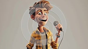 Cartoon digital avatar of a quickwitted and improvisational comedian, dressed in casual attire and holding a microphone photo