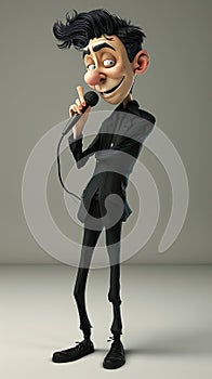Cartoon digital avatar of a sarcastic and deadpan comedian, dressed in all black with a microphone in hand and a photo