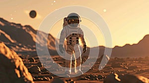 Cartoon digital avatar of Space Suit Stargazer Kid Astronaut ing at the stars and planets from the surface of Mars photo