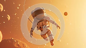 Cartoon digital avatar of Spacewalking Starboy Kid Astronaut floating effortlessly in space, tethered to their photo