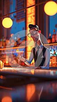 Cartoon digital avatar of a suave, welldressed bartender in a sleek bar setting, effortlessly mixing a classic martini