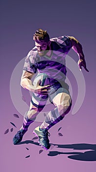 Cartoon digital avatar of a versatile and dynamic rugby player in a purple and gray camo rugby jersey, evading tackles photo