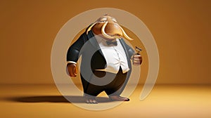 Cartoon digital avatar of a walrus opera singer with a black and white tuxedo, standing tall with a commanding presence photo