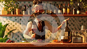 Cartoon digital avatar of a wine sommelier with a friendly smile, recommending different wine pairings for a specific photo