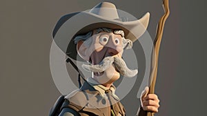 Cartoon digital avatar of a wise and experienced horse sheriff with a gray mustache and a long coat, carrying a large photo