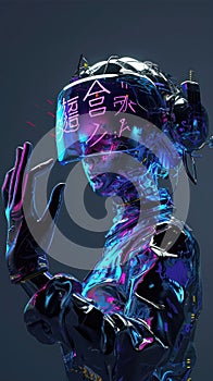 Cartoon digital avatars of Calligrapher A futuristic avatar wearing a hightech calligraphy glove and using holographic photo