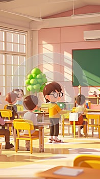 Cartoon digital avatars of a caring teacher in a classroom, surrounded by students at their desks, all engrossed in an photo