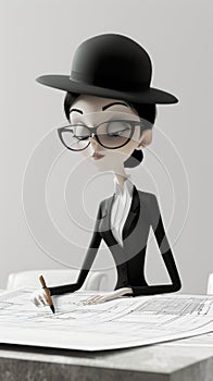 Cartoon digital avatars of Design Diva, the innovative architect, carefully examining architectural plans and models for