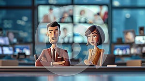 Cartoon digital avatars of a dynamic duo of TV anchors, one male and one female, sitting side by side at a desk with a photo