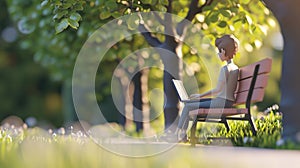 Cartoon digital avatars of a freelancer working onthego, sitting at a park bench with their laptop, enjoying the fresh photo