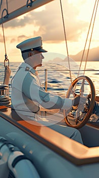 Cartoon digital avatars of Helmsman Horizon A master of the ocean, confidently navigating the yacht towards the horizon photo