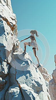 Cartoon digital avatars of Maya Conquering a steep boulder with grace and precision, using her strong arms and legs to