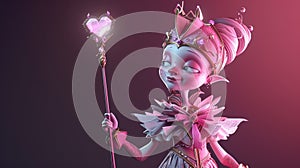 Cartoon digital avatars of Mystical Genie with pink skin, a frilly pink and white outfit, and a wand with a heartshaped photo