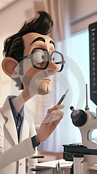 Cartoon digital avatars of OptiMax Ollie An experienced and friendly optometrist with a stylus pen, examining a patients photo