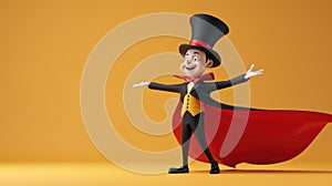 Cartoon digital avatars of a silly and playful magician, decked out in a top hat and cape, performing wacky magic tricks