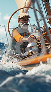 Cartoon digital avatars of Skipper Smoothsail With a calm demeanor, effortlessly steering the yacht through rough waters