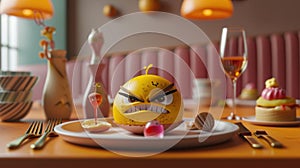 Cartoon digital avatars of a snobby Food Critic, frowning at the food on their plate and sneering at the restaurants photo