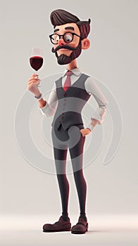 Cartoon digital avatars of a sommelier with a playful, friendly demeanor tasting wine and casually presenting it to a