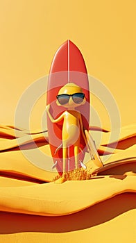 Cartoon digital avatars of Sun Seeker donning sunglasses and carrying a surfboard, providing sunny beach forecasts with photo