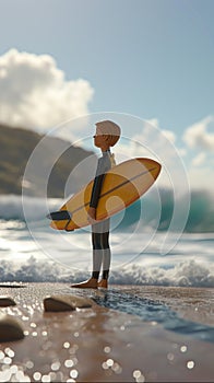 Cartoon digital avatars of a Surf Instructor On a beach, holding a surfboard, with a wetsuit and a boogie board sped to photo