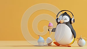 Cartoon digital avatars of a techsavvy penguin wearing a headset and carrying a tablet, taking online orders for ice photo