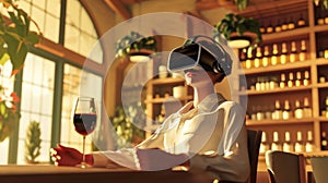 Cartoon digital avatars of a techsavvy sommelier, using virtual reality to showcase the journey of a specific wine from photo