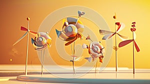 Cartoon digital avatars of Wind Whiz adorned with wind turbines and windsocks, using wind speed and direction to predict