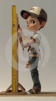 Cartoon digital avatars of a young DIY enthusiast wearing a baseball cap backwards, holding a tape measure and a pencil